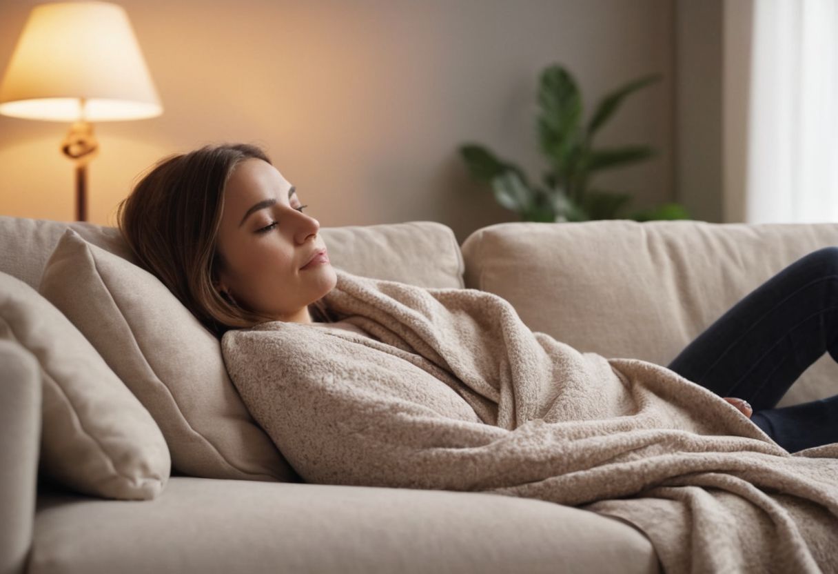 Person relaxing on a couch with a soft blanket, indoor, comfortable and peaceful atmosphere, photographic style, captured with a high-resolution camera.