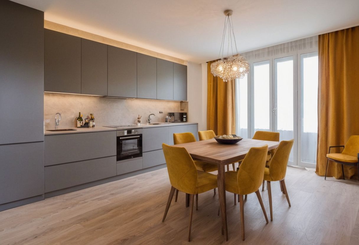 Interno rinnovato di un moderno appartamento a Roma, che mostra un design elegante e finiture moderne, con una stanza spaziosa e ben illuminata. Fotografie realizzate utilizzando un obiettivo grandangolare per catturare l'intera stanza in dettaglio ad alta risoluzione sotto una soffusa illuminazione interna.