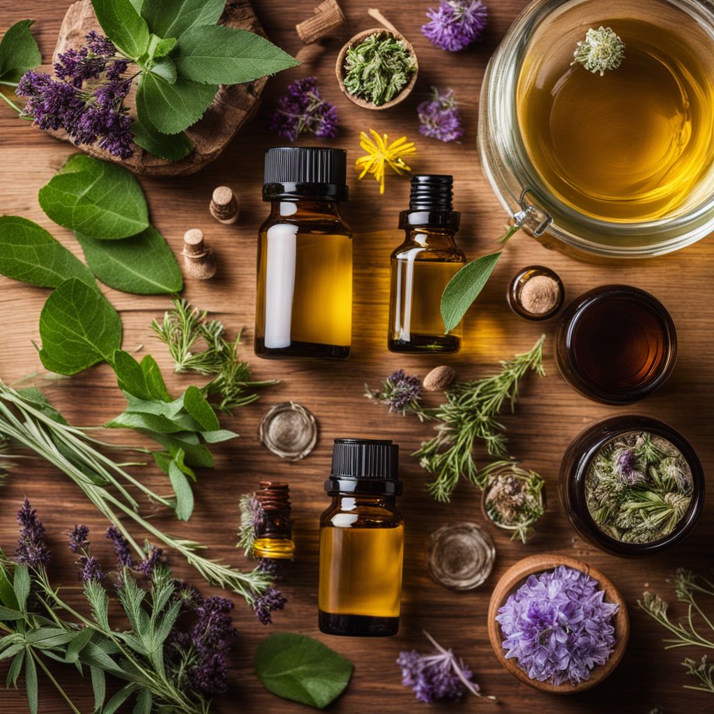 Various natural home remedies like essential oils and herbs laid out neatly on a wooden surface, in a warm, inviting home setting, Photography, Top view with a wide angle lens, warm natural lighting.