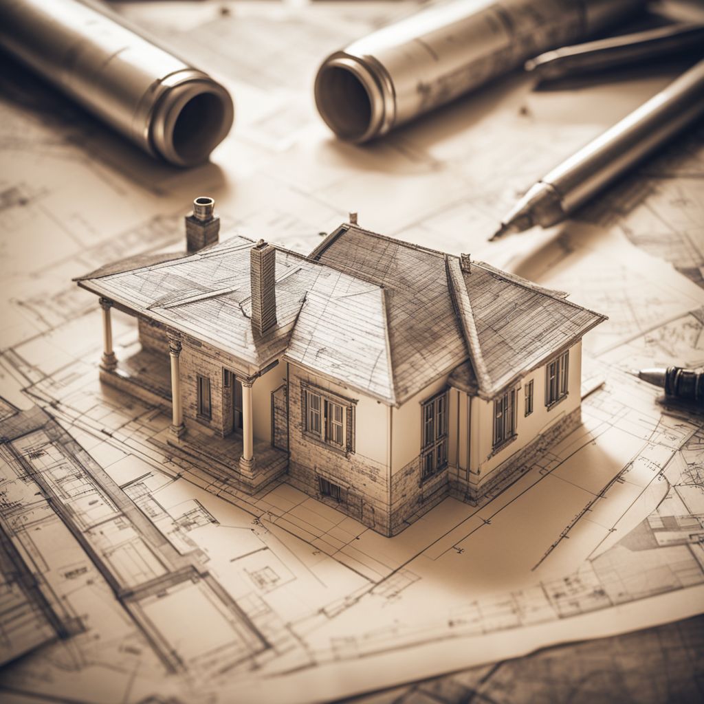 Disegni architettonici dettagliati con annotazioni sparsi su un tavolo, con una villa in ristrutturazione visibile attraverso una finestra sullo sfondo, in uno stile fotografico dettagliato, catturato alla luce naturale con un fuoco nitido.