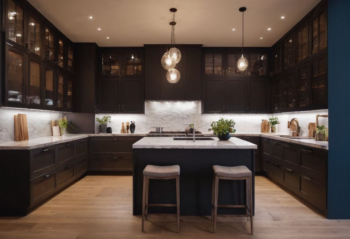 Varie proposte di design di mobili da cucina moderni esposte in un showroom, che mostrano stili e allestimenti diversi, in interni. Foto fotografica ad alta risoluzione con inquadratura ampia, messa a fuoco dettagliata e illuminazione ambientale.