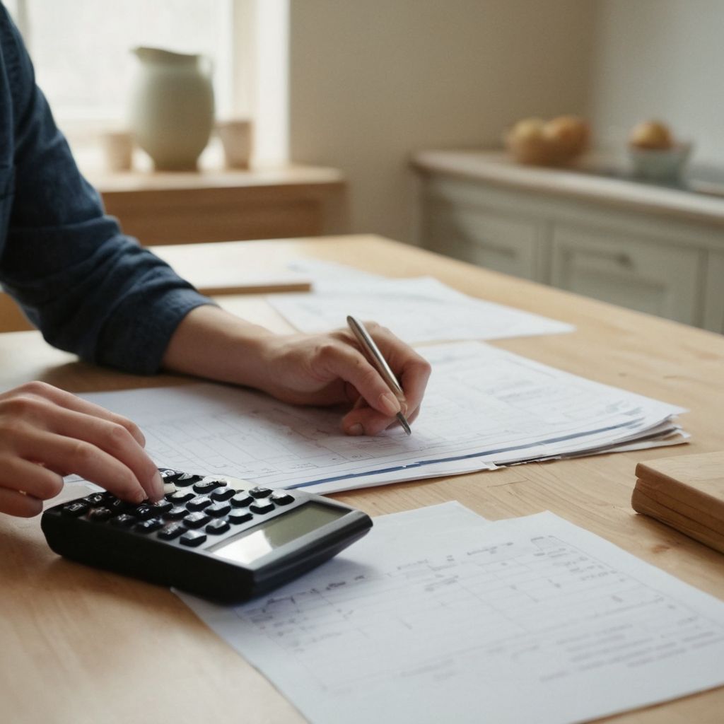 Persona che calcola il budget con calcolatrice e fogli su un tavolo, piani di rinnovo della cucina visibili sullo sfondo, ambiente interno con luce naturale soffusa, fotografia in alta risoluzione con inquadratura media che mette in evidenza la pianificazione del budget.