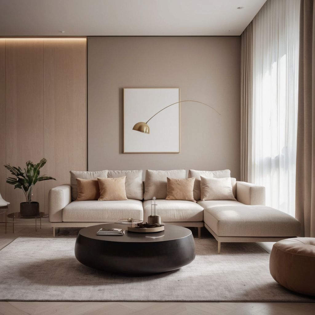 Interno elegante e moderno di una casa di 100 mq con arredamento minimalista e colori neutri, in uno stile fotografico che mette in risalto l'estetica moderna.