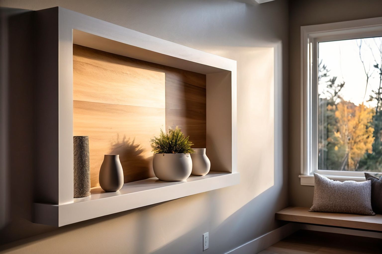 Dettaglio di una nicchia in cartongesso splendidamente progettata in una casa contemporanea, mettendo in risalto il suo fascino estetico e la sua utilità pratica, Fotografico, Fotografia con un obiettivo teleobiettivo medio, dettagliata, illuminazione ambientale morbida.