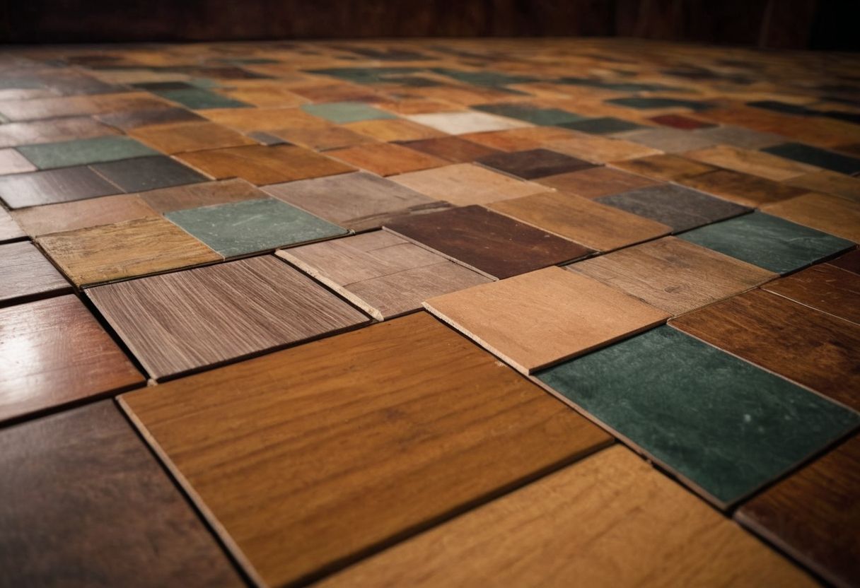 Diverse opzioni di pavimentazione per bar, campioni di legno, piastrelle e materiali compositi, con un'attenzione particolare alle texture e ai colori, disposti in modo ordinato, con un ambiente dettagliato e informativo. Fotografie nitide e ad alta risoluzione per catturare le texture.