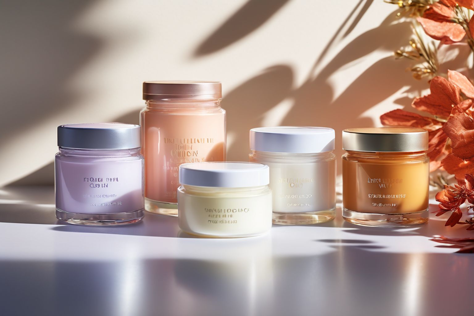Close-up of various skin-lightening cream containers arranged on a clean surface, displaying different brands and types, illuminated by soft, natural light to emphasize the textures and packaging colors.