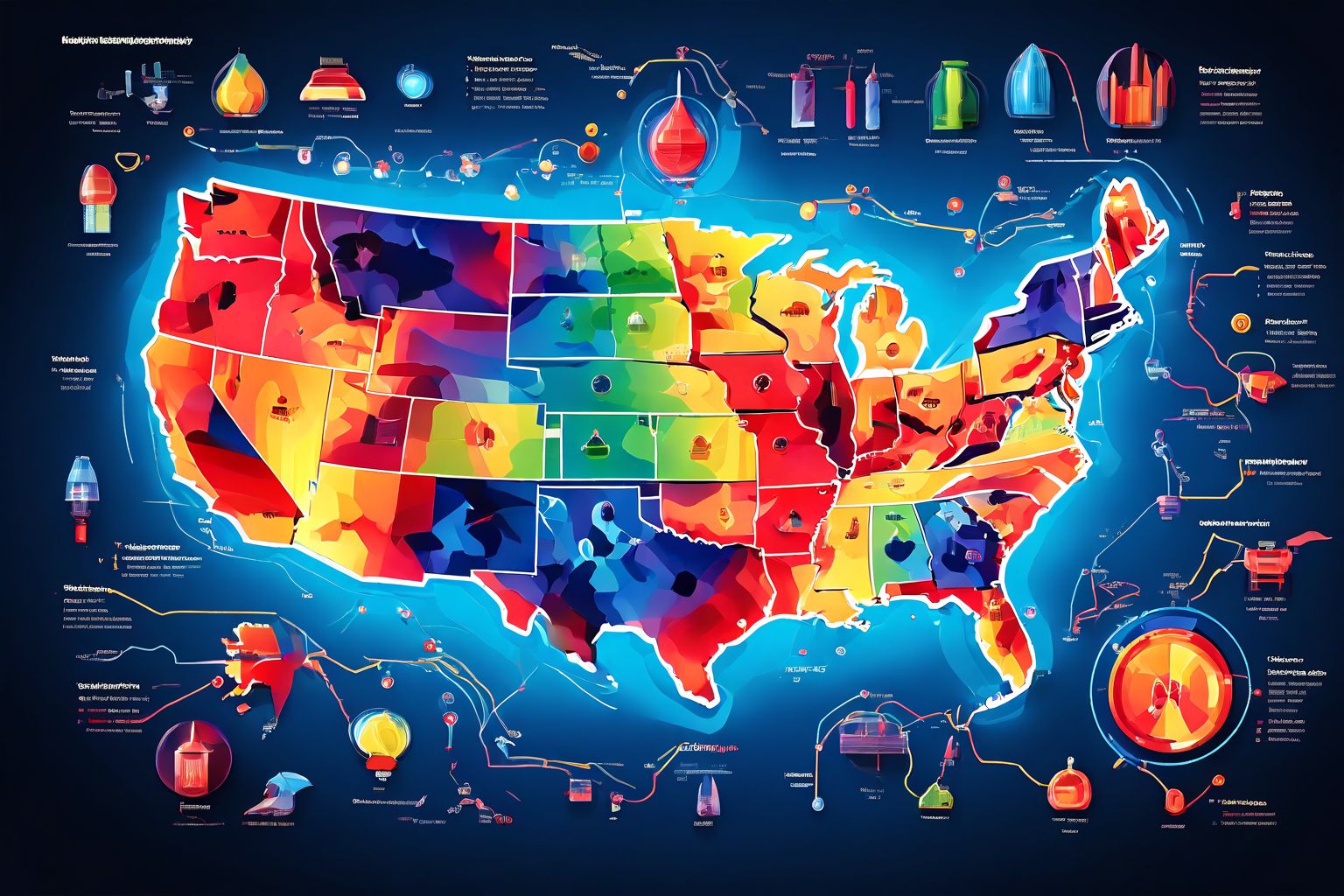 Map of the U.S. with colorful icons representing different electricity sources, clear and informative, Photographic style, High resolution.