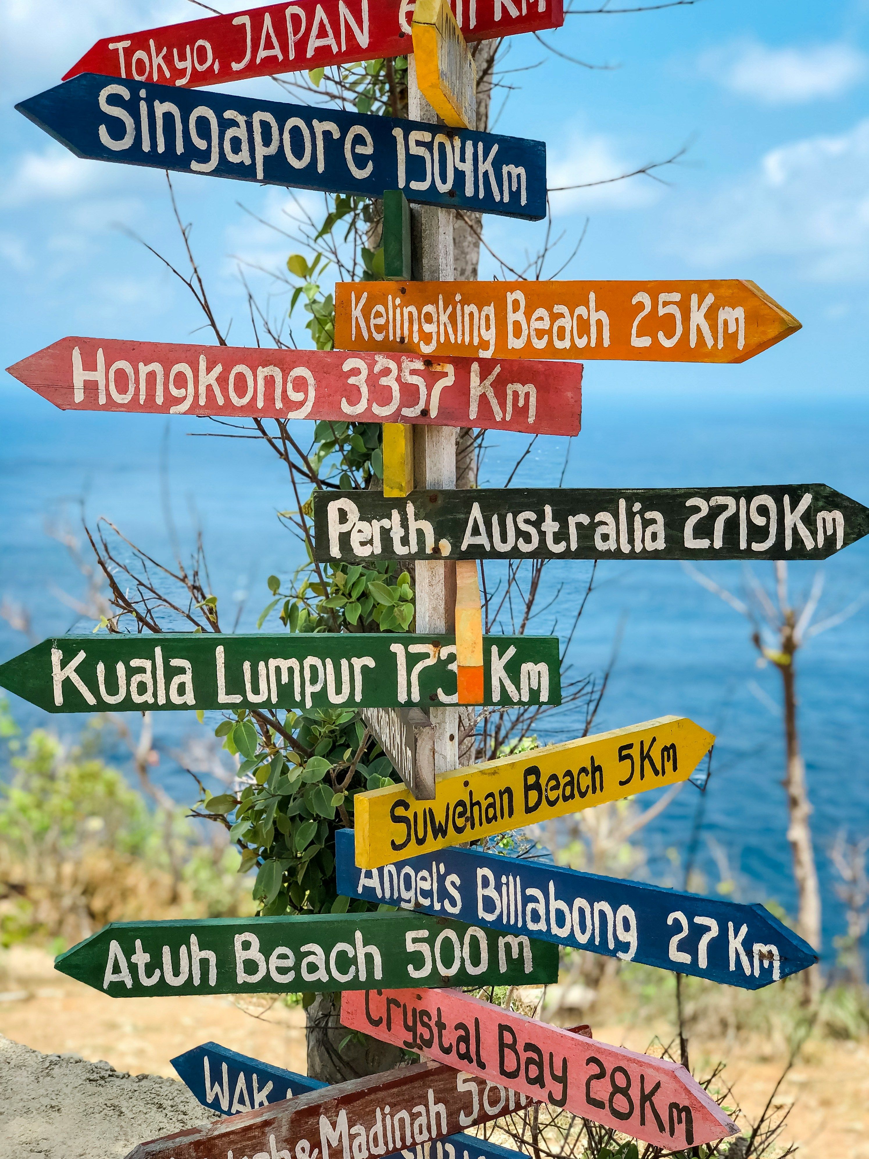 a wooden pole with a bunch of signs on it