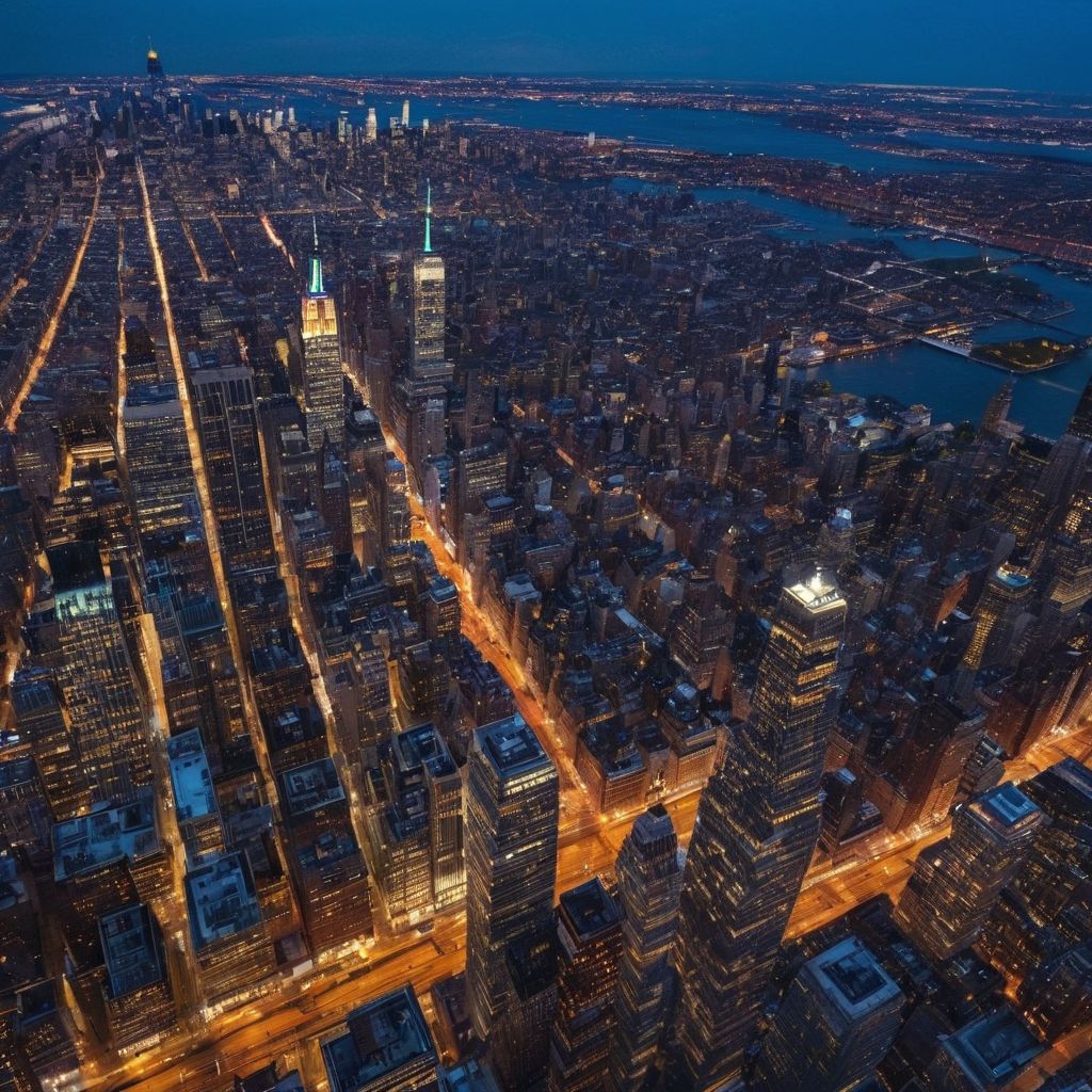 Aerial view of NYC with dynamic data overlays, highlighting movement, evening light, Photographic style, High resolution.
