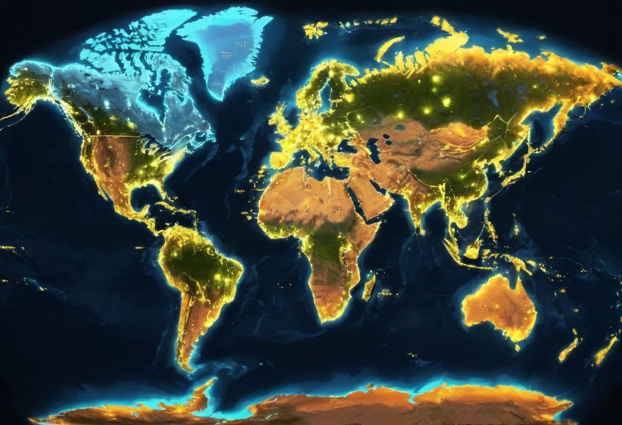 World map with glowing points representing 2018 FIFA World Cup ratings, vibrant colors, Photographic style, High resolution.