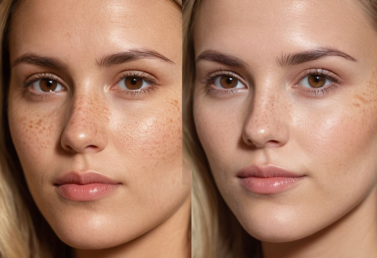 Before and after comparison of sun spots on face treated with laser, two separate images side by side, clear focus on improvement, Photographic, Photography, with close-up shots using a macro lens, detailed skin texture, soft natural light.