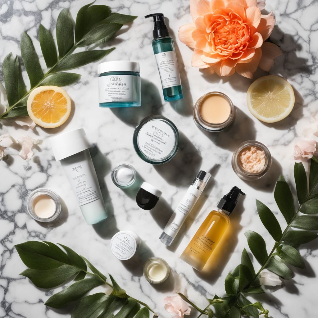 Assortment of skincare products arranged neatly on a marble surface, focusing on items used for eye care, in a bright, airy setting, creating a refreshing and clean atmosphere, Photographic, taken with a wide-angle lens to include all products clearly.