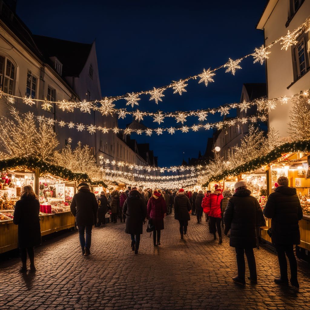 Un mercado navideño al atardecer, luces parpadeantes y decoraciones festivas, lleno de gente, creando un ambiente nostálgico y alegre. Fotografía, fotografía utilizando el crepúsculo natural y la iluminación festiva, capturada con un lente gran angular.