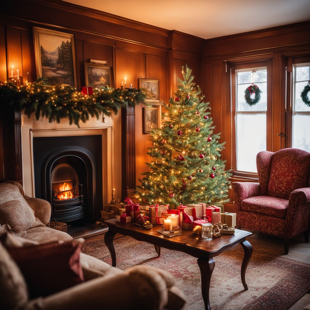 Un escenario navideño vintage, una sala de estar antigua con decoraciones clásicas y una chimenea brillante, evocando una sensación de nostalgia. Fotografía que captura la escena en una luz suave y cálida con una lente de 35 mm para lograr una sensación íntima.