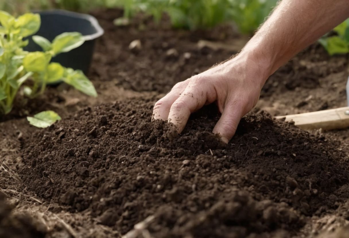 Mani che preparano il terreno in un giardino con attrezzi e compost organico, primo piano sull'azione, focalizzando sulla texture del terreno e sulle mani, Fotografia, catturata in una luminosa luce naturale con un obiettivo macro.