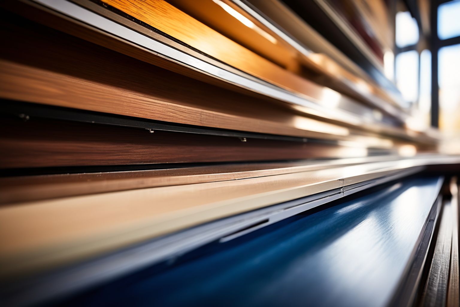 Dettaglio di telai per finestre in PVC, legno e alluminio impilati insieme, mostrando differenze di texture e colore, ambiente interno con illuminazione soffusa, Fotografia professionale dettagliata con messa a fuoco nitida.