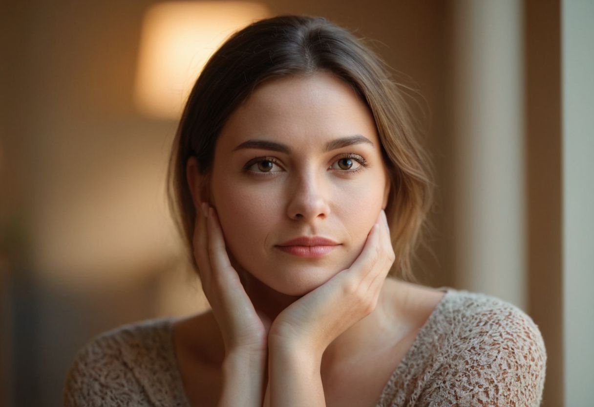 Calm, confident person holding their face gently with a serene expression, in a softly lit, comfortable indoor environment, in high resolution photography.